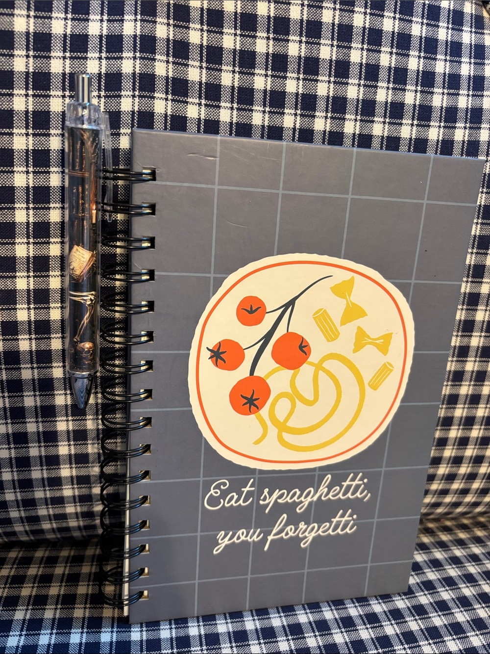 Gray Spiral Notebook  Pasta Cover comes with skeleton magnetic bookmark and pen